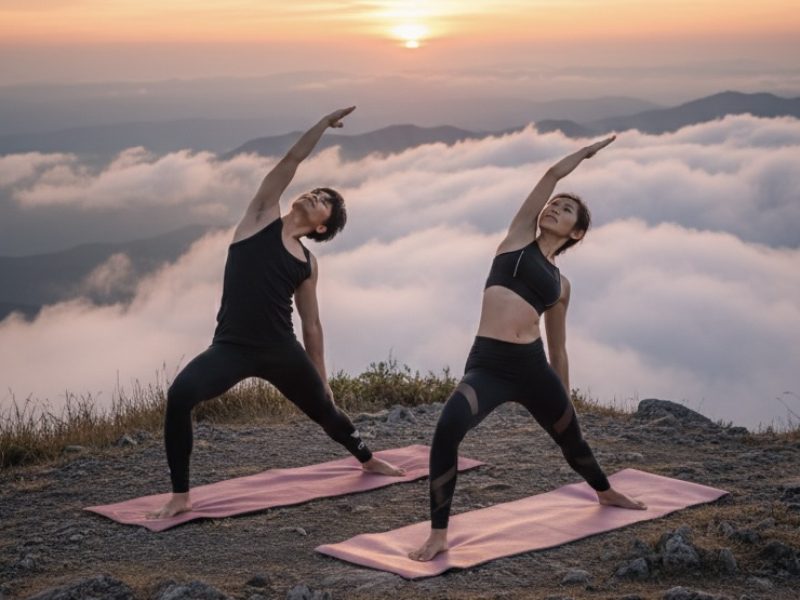 yoga on a serene mountain at a relaxing getaway for couples