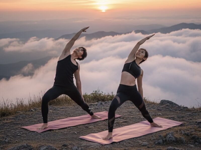 yoga on a serene mountain at a relaxing getaway for couples